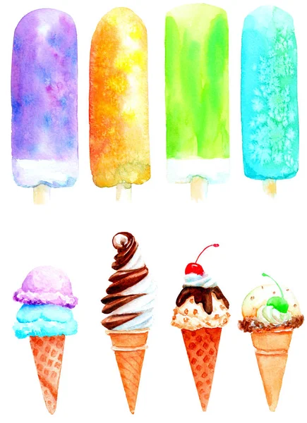 Acuarela dibujo de helado y pastel —  Fotos de Stock