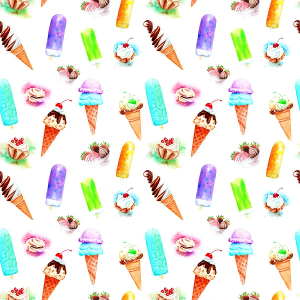 watercolor drawing ice cream and cake, seamless pattern