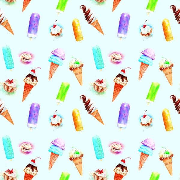 Watercolor drawing ice cream and cake, seamless pattern — Stock Photo, Image