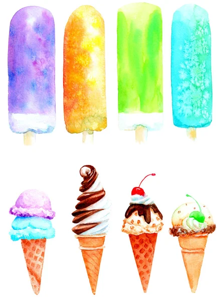 Akvarell, rajz, fagylalt és torta — Stock Fotó