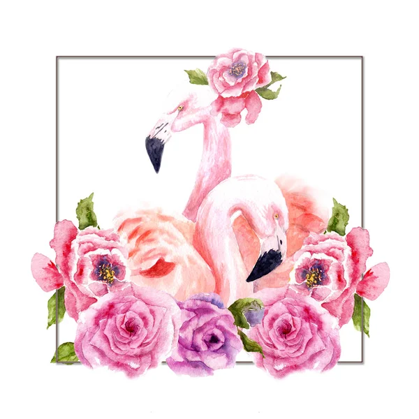 watercolor drawing of flamingos in flowers, for logo, template, frame