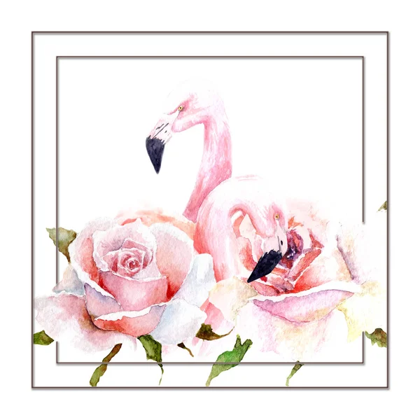 Акварельний малюнок фламінго в квітах — стокове фото