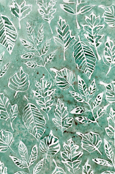 акварельный рисунок зелени - лиственный фон, брызги, пятна
