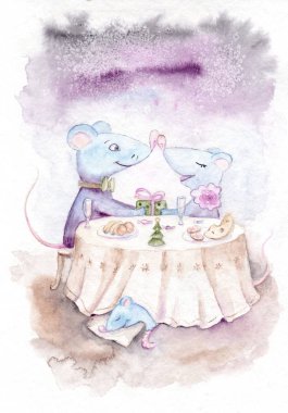 suluboya resim, kartpostal - masada fare ailesi, tatil, yeni yıl