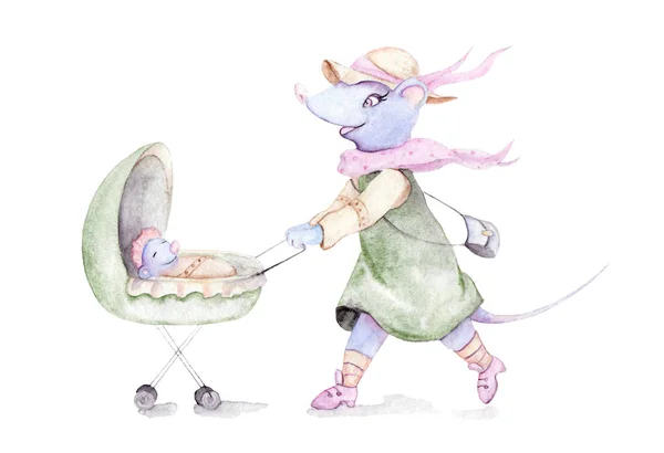 Akvarel kresba, ilustrace - maminka myš s kočárkem a myší — Stock fotografie