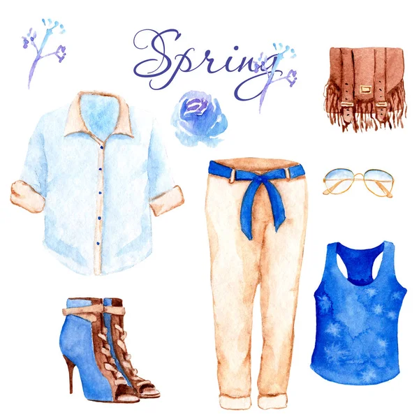 Aquarel tekening van kleding - set voor lente garderobe — Stockfoto