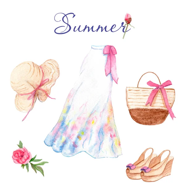 服の水彩画-夏のワードローブのために設定 — ストック写真