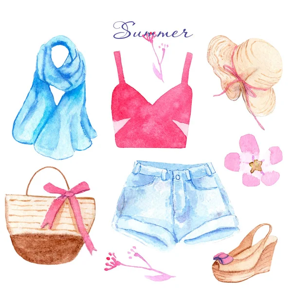Desenho aquarela de roupas - conjunto para guarda-roupa de verão — Fotografia de Stock