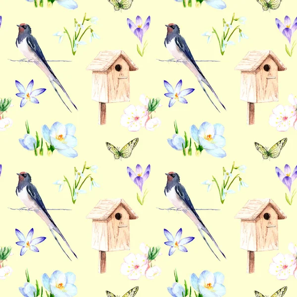 Watercolor seamless pattern - spring, birds, chicks, nest — 스톡 사진