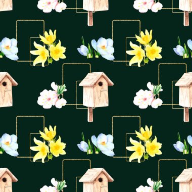 suluboya kusursuz desen - bahar, kuşlar, civciv yuvası