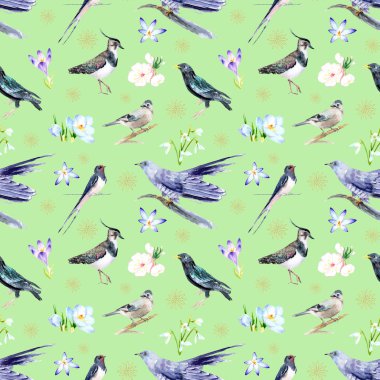 suluboya kusursuz desen - bahar, kuşlar, civciv yuvası