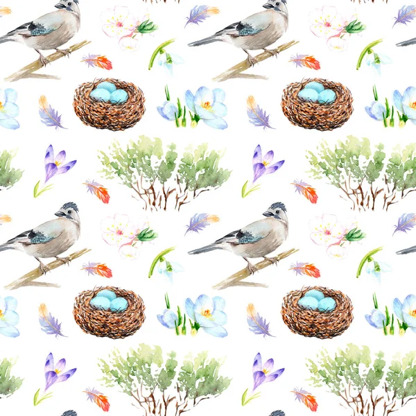 watercolor seamless pattern - spring, birds, chicks nest