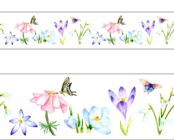 Aquarel horizontale banner, naadloos patroon. Voorjaarsbloemen — Stockfoto