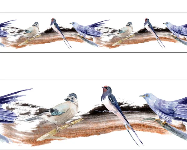 Akvarell vízszintes banner, zökkenőmentes minta. Tavaszi madarak — Stock Fotó