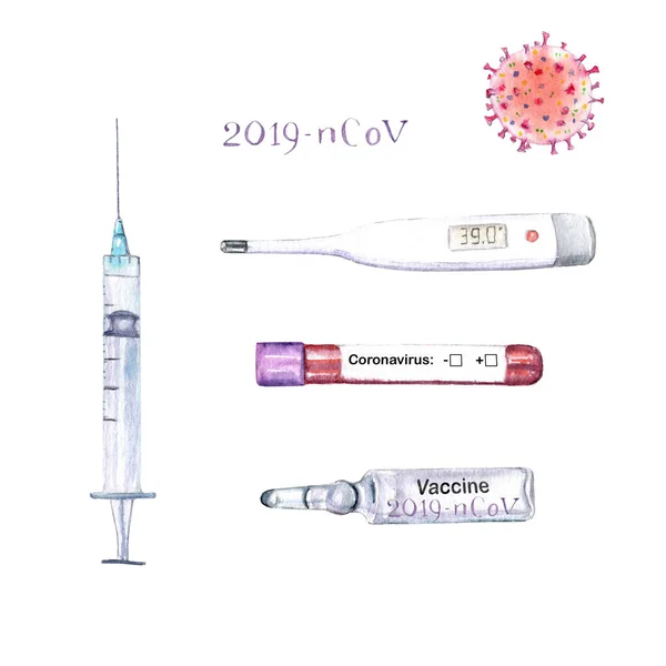 Coronavirus, virus de Wuhan, 2019-nCoV conjunto de acuarelas: microbio — Foto de Stock
