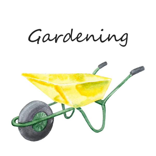 Akvarel zahradnictví, pěstování rostlin, zahradní práce - trakař — Stock fotografie
