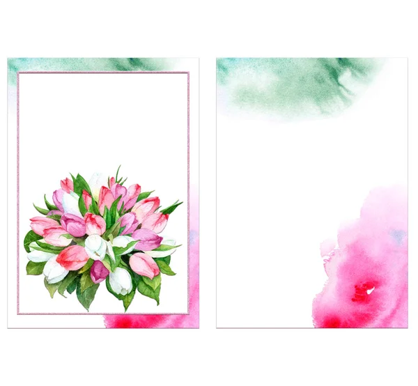 Aquarel bloemenkaart, tweezijdig, gefeliciteerd met Vrouwendag, vakantie — Stockfoto