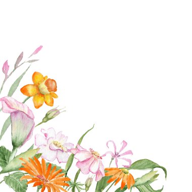 suluboya resim - Bahar çiçekleri ile çerçeve, kompozisyon. turuncu çiçekler