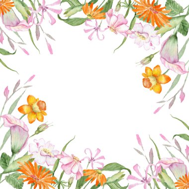 suluboya resim - Bahar çiçekleri ile çerçeve, kompozisyon. Çizim