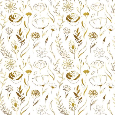 Altın çiçekler ve bitkiler - kusursuz desenli dijital çizim