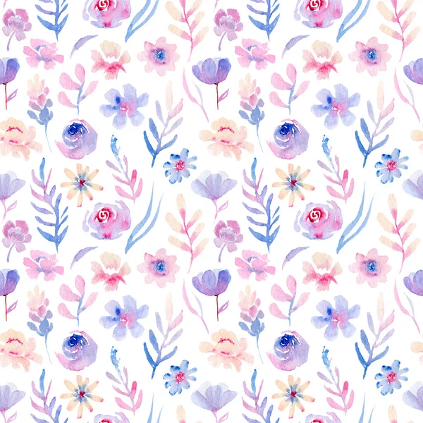 水彩花和植物 无缝图案 粉色和蓝色素描 — 图库照片