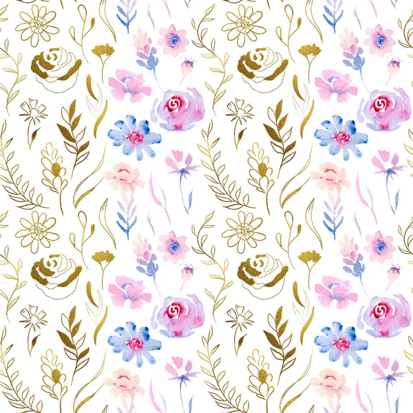 Aquarelle et fleurs et plantes dorées - motif sans couture. Rose, violet et bleu — Photo