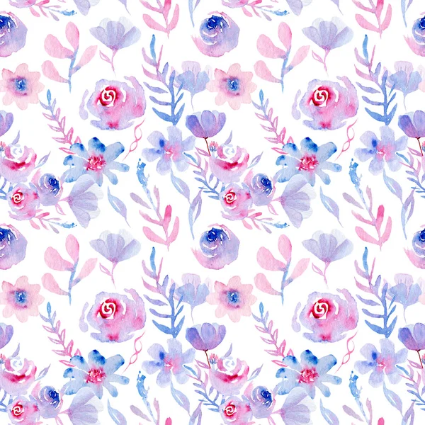 Watercolor flowers and plants - seamless pattern pink and blue — Stock Photo, Image