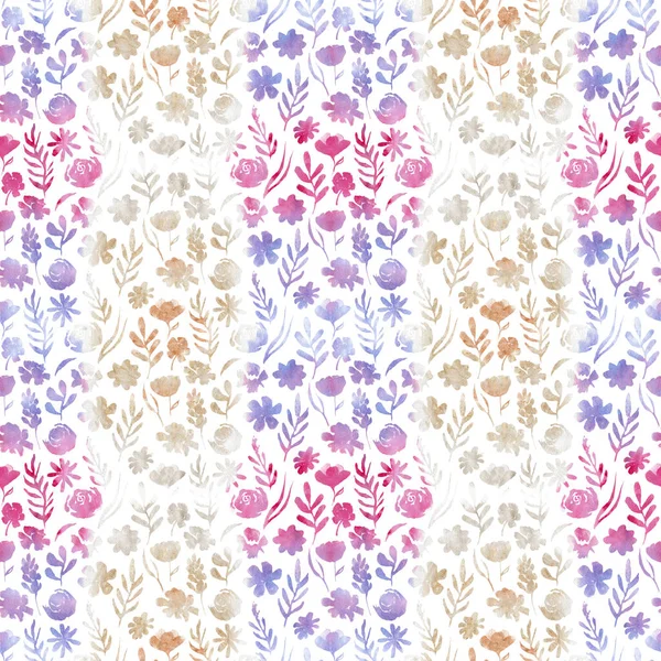 Aquarell und Gold Blumen und Pflanzen - nahtlose Muster. Rosa, lila und blau — Stockfoto