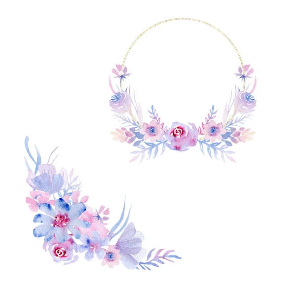Composição aquarela de flores rosa-violeta-azuis de férias, convites — Fotografia de Stock