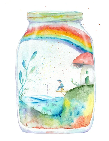 Illustration aquarelle - monde dans un bocal, pêcheur, maison — Photo