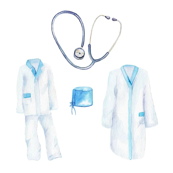Акварельный рисунок - одежда врачей, медицинский костюм и халат, фонендоскоп — стоковое фото