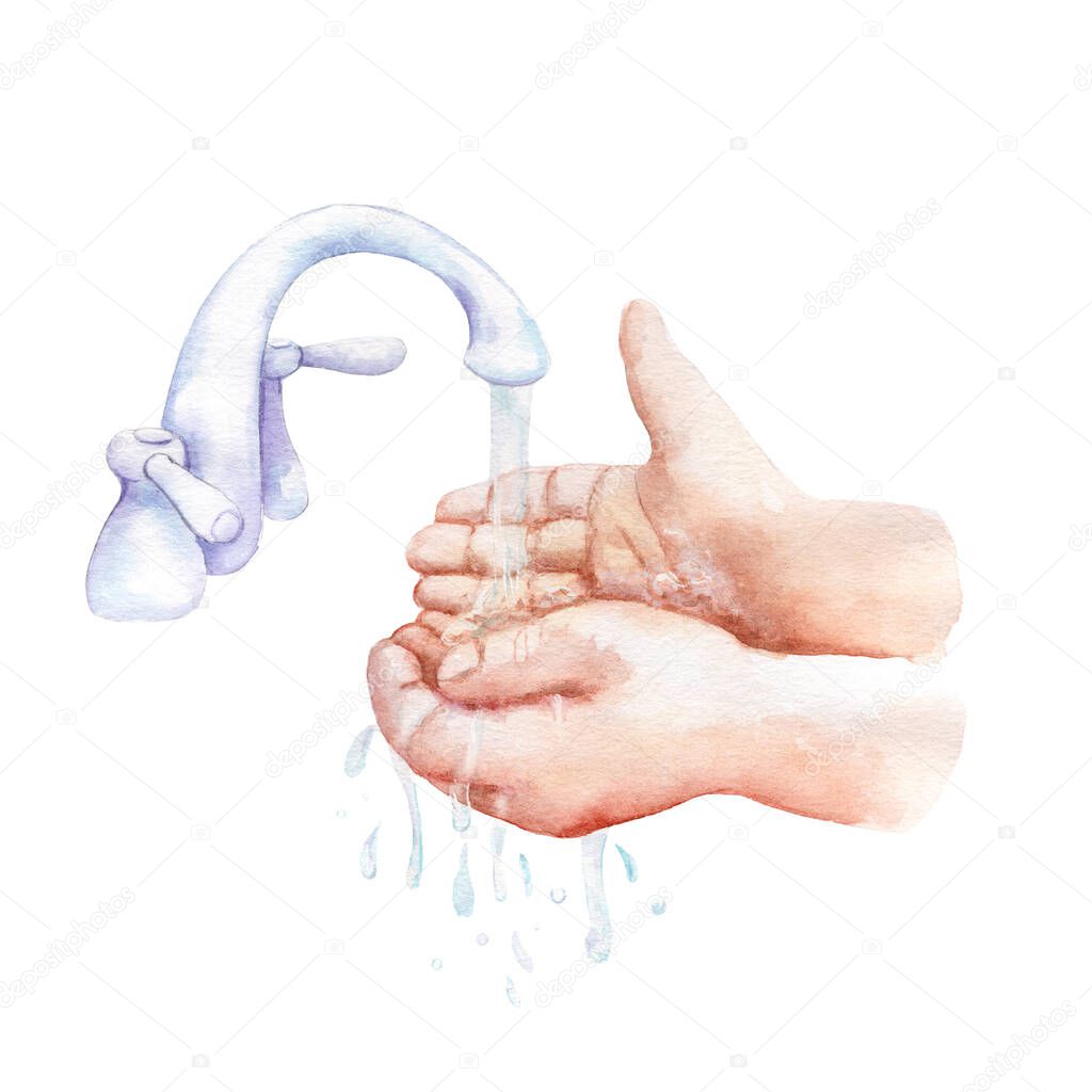 watercolor drawing - hand washing, faucet, water, hands