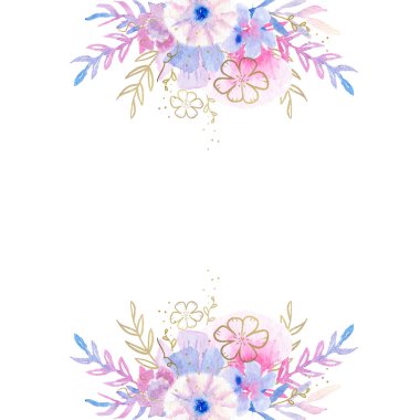 suluboya çizim - çiçekli çerçeve altın, davetiyeler, kartlar