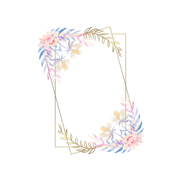 Акварельний Малюнок Квіткова Рамка Золотом Запрошень Листівок Ескіз — стокове фото