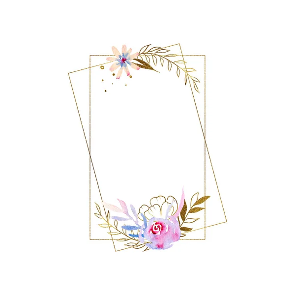 Dibujo Acuarela Marco Floral Con Oro Para Invitaciones Tarjetas Sketch —  Fotos de Stock