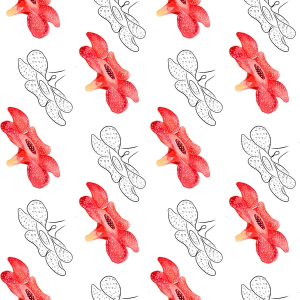 Ακουαρέλα σχέδιο εξωτικών λουλουδιών με περίγραμμα - αδιάλειπτη μοτίβο — Φωτογραφία Αρχείου