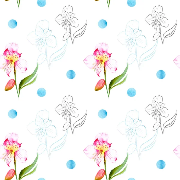 Ακουαρέλα σχέδιο εξωτικών λουλουδιών με περίγραμμα - αδιάλειπτη μοτίβο — Φωτογραφία Αρχείου