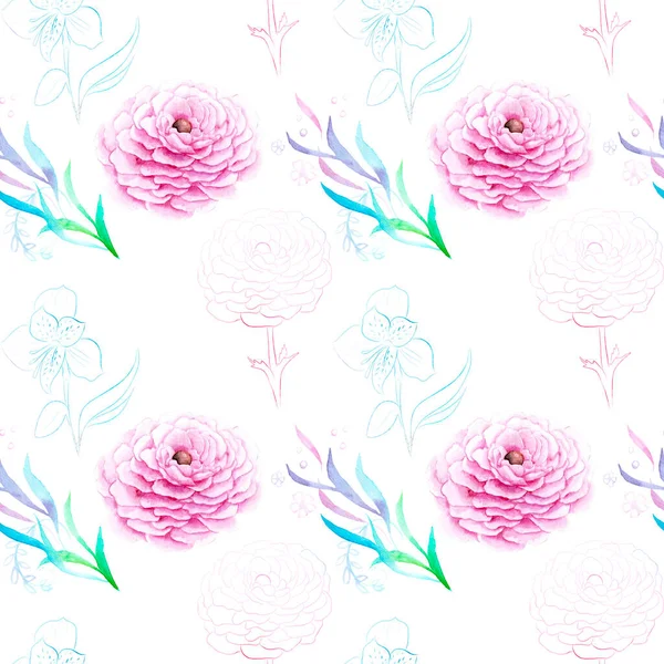 Akvarellteckning av exotiska blommor med kontur - sömlöst mönster — Stockfoto