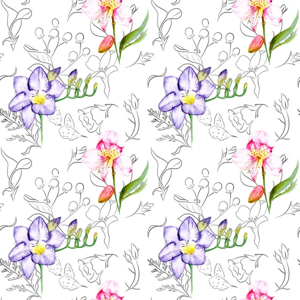 Acuarela dibujo de flores exóticas con contorno - patrón sin costuras —  Fotos de Stock