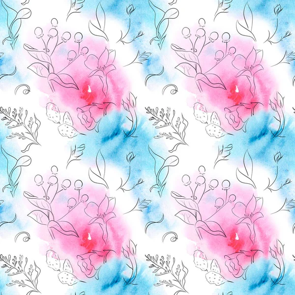 Akvarellteckning av exotiska blommor med kontur - sömlöst mönster — Stockfoto