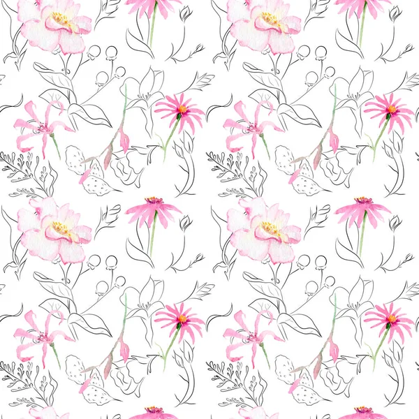 Acuarela dibujo de flores exóticas con contorno - patrón sin costuras — Foto de Stock