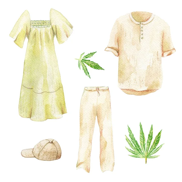 Akvarellritningar Hampa Cannabis Blad Klänning Skjorta Byxmössa — Stockfoto
