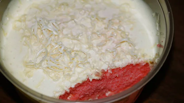 Närbild Strawberry Cheesecake Trä Bakgrund Selektivt Skärpedjup Bilden Innehåller Vissa — Stockfoto