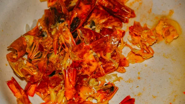Des Coquilles Crevettes Rouges Concentration Choisie Image Contenant Certains Grains — Photo