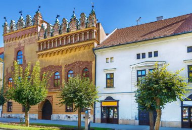 Levoca, Slovakya 'daki ana meydandaki tarihi evler