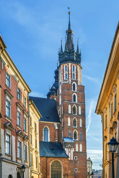 圣玛丽大教堂 Saint Mary Basilica 是一座位于波兰克拉科夫主要市场广场附近的砖头哥特式教堂 — 图库照片