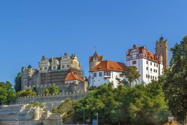 Bernburg, Almanya 'daki Saale Nehri' nden Rönesans Kalesi manzarası