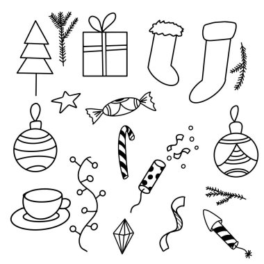 Bir dizi yeni yıl eşyası. Vektör resmi. Ayrı bir nesne. Beyaz arka plan. Yeni yıl. Noel