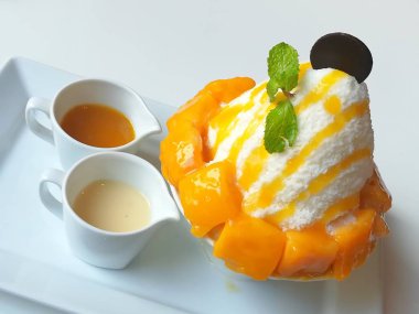 Bingsu Mango Dondurma, Patbingsu Mango Huawei Gr5 2017, popüler Kore dili ile buz tatlı tatlı Topingler ile traş.