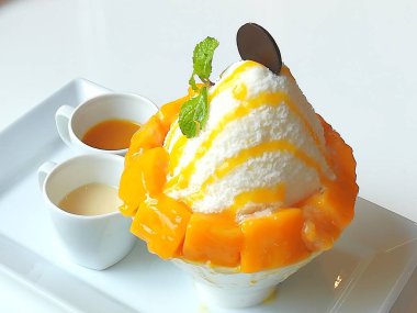 Bingsu Mango Dondurma, Patbingsu Mango Huawei Gr5 2017, popüler Kore dili ile buz tatlı tatlı Topingler ile traş.